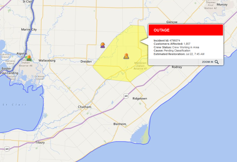 More than 1800 customers were left without power in Thamesville following storms on Friday, July 22, 2016. (Coutresy Hydro One)