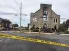 Police tape blocks access to the St. Isidore Church in St. Isidore, ON.