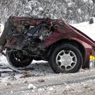 The front of a car sits on the side of Highway 17, following a fatal crash Thursday, Jan. 29, 2009. Credit: Gerald Tracey/ The Eganville Leader