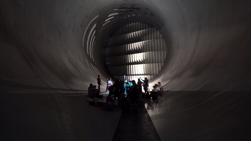 A movie crew films inside the NRC wind tunnel testing facility in Ottawa, Aug. 4, 2016