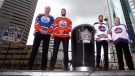 Edmonton Oilers alumnus Dave Semenko, Oilers goaltender Cam Talbot, Winnipeg Jets forward Blake Wheeler and Jets alumnus Thomas Steen show off the Heritage Classic jerseys as the National Hockey League announce the rosters at a Tim Hortons NHL Heritage Classic press event THE CANADIAN PRESS/John Woods