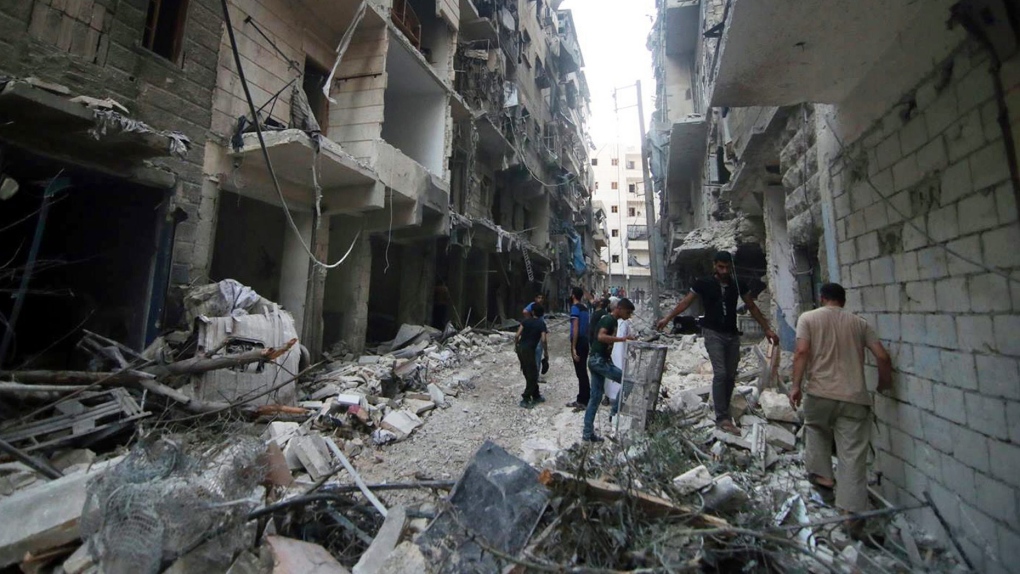 Damage from airstrikes in Aleppo, Syria 