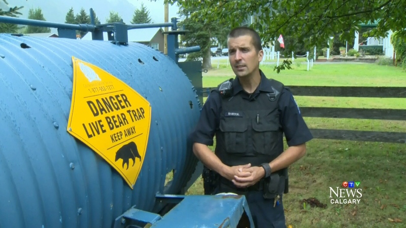 Conservation officer Dan Bartol stands next to a bear trap in Revelstoke, B.C.