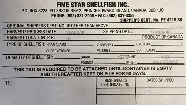 Five Star Shellfish oyster recall
