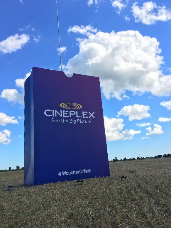 Cineplex Entertainment has set up a giant popcorn bag with a lightning rod outside Windsor, Ont. (Courtesy Cineplex Entertainment)