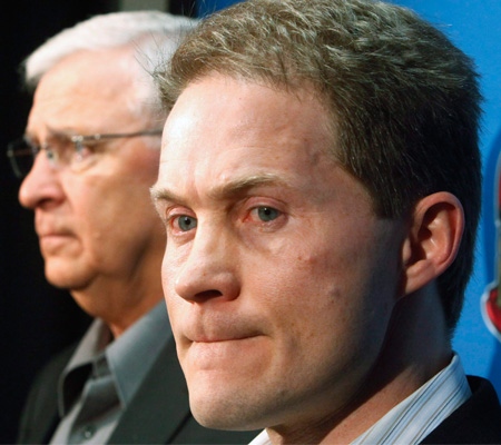 Ottawa Senators new head coach Cory Clouston answers questions as general manager Bryan Murray looks on at a news conference in Ottawa, Monday, Feb. 2, 2009 after Craig Hartsburg was fired. THE CANADIAN PRESS/Tom Hanson