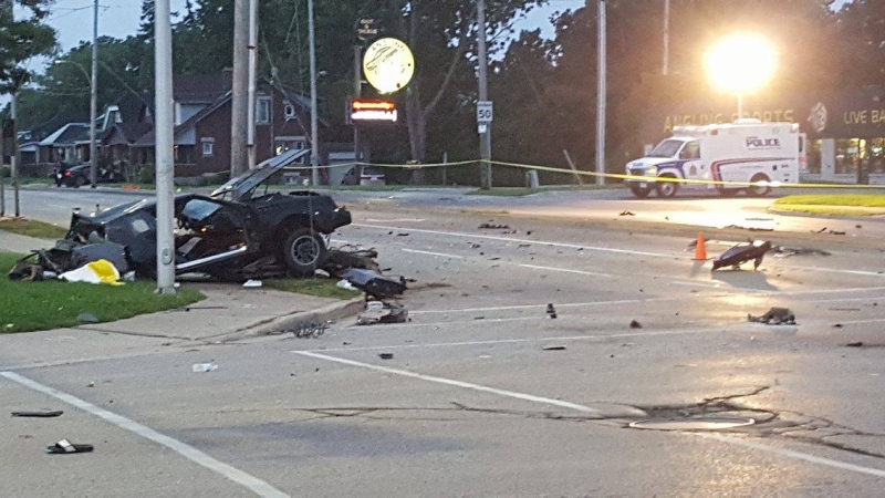 One vehicle is missing its entire back end following a double fatal collision at Highbury Avenue and Dundas Street in London, Ont, on Thursday September 8, 2016. (Justin Zadorsky / CTV London)