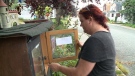 Mimi Golding puts books in her Little Free Library.