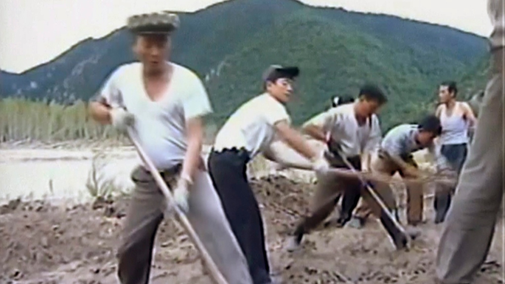 North Korean workers build levees
