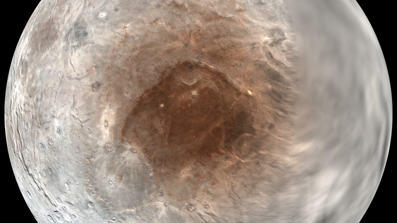 This image provided by NASA/Johns Hopkins University Applied Physics Laboratory/Southwest Research Institute on Wednesday, Sept. 14, 2016 shows Pluto's moon, Charon, in a mosaic of photographs acquired by the New Horizons spacecraft during its approach to the system from July 7-14, 2016. (NASA / Johns Hopkins University Applied Physics Laboratory / Southwest Research Institute via AP)