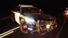 This is one of four police vehicles damaged during the pursuit of two suspects in Elgin County on Friday, September 23rd, 2016. (photo courtesy: Elgin County OPP)