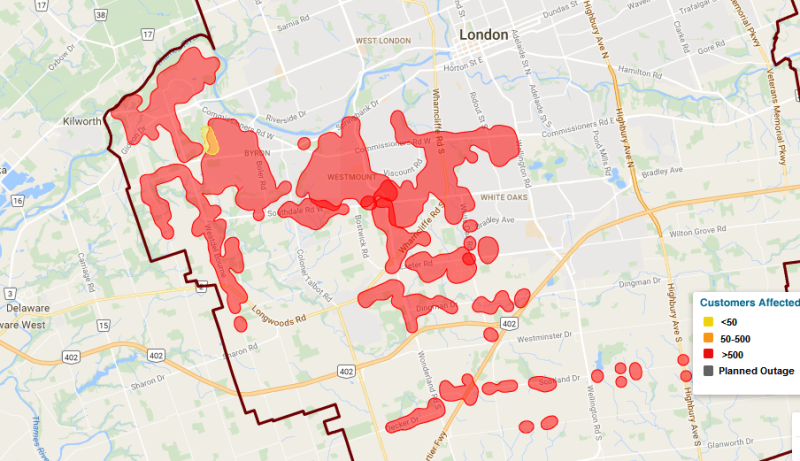 Power outages in London, Ont, on Thursday, September 29, 2016. (London Hydro)