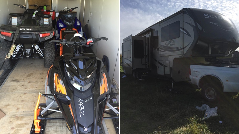 RCMP released photos showing stolen quads, snowmobiles and an RV recovered when police carried out a search warrant on a property near Rocky Mountain House on Wednesday, September 28. Supplied.