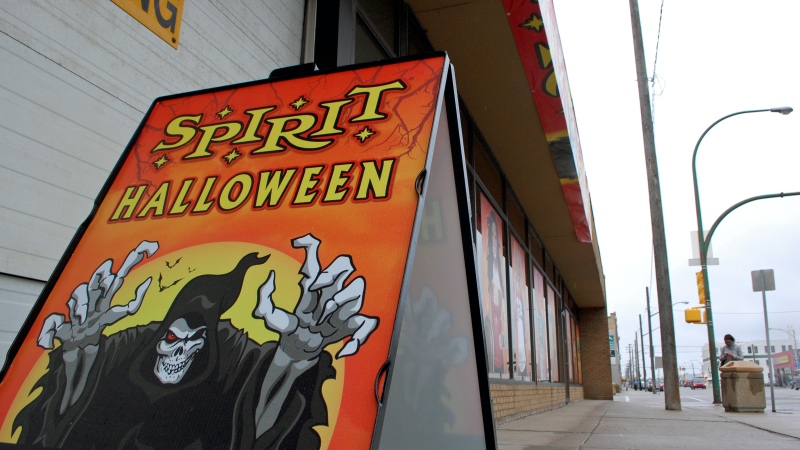 A sign sits outside Spirit Halloween's downtown Saskatoon store on Friday, Oct. 14, 2016. The chain of pop-up costume stores has been gathering media attention this week after a local activist claimed she was kicked out of the chain's 51st Street store in Saskatoon for confronting a manager about a "Native American" costume. (Kevin Menz/CTV Saskatoon)
