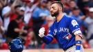 Toronto Blue Jays centre fielder Kevin Pillar (11) reacts after striking out against Cleveland Indians relief pitcher Andrew Miller (24) during seventh inning, game two American League Championship Series baseball action in Cleveland on Saturday, October 15, 2016. THE CANADIAN PRESS/Nathan Denette