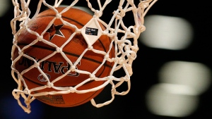 The NBA All-Star Game logo is seen on a net in New York, on Feb. 13, 2015. (Julio Cortez / AP)