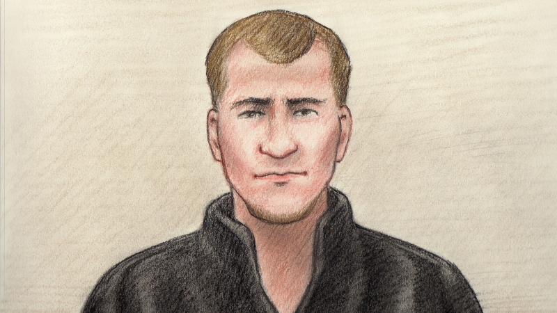 Artist rendering of Brandon Ethier as he appeared in court via video on Tuesday, Oct. 25, 2016. Ethier is facing 2nd degree murder charges for the stabbing death of Joshua Briere on Saturday, Oct. 22, 2016. (Laurie Foster-MacLeod/Artist)