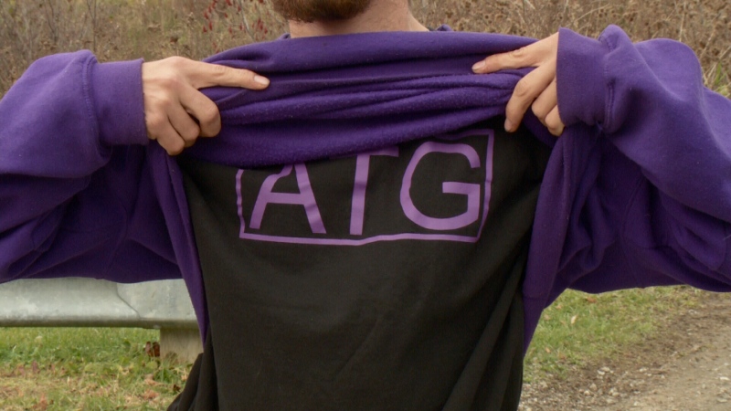 Yan Miller displays his t-shirt with the name of the group "ATG", which stands for anti-gay. Miller's friend Julien Clèment sparked outrage online after he wore a threatening shirt towards gay people. (Mark Dunlay/CTV Ottawa, November 1, 2016) 