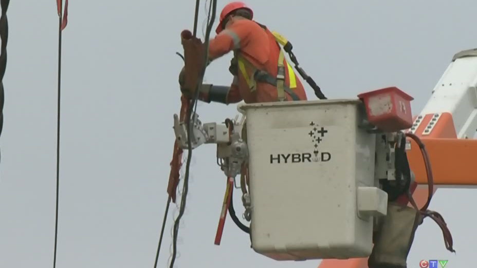 Hydro workers working on power lines