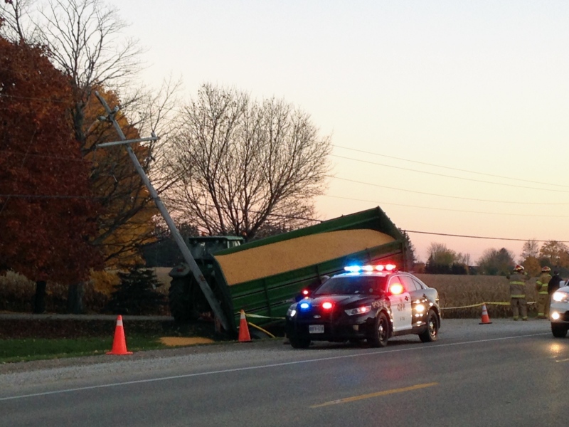 A collision involving a tractor left a hydro pole severed along Perth Road 107 on Monday, Nov. 7, 2016. (Kevin Doerr / CTV Kitchener)