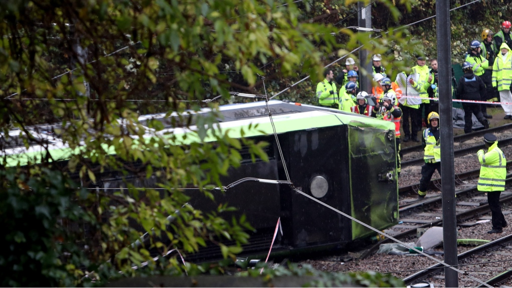 Tram derailment in London, England