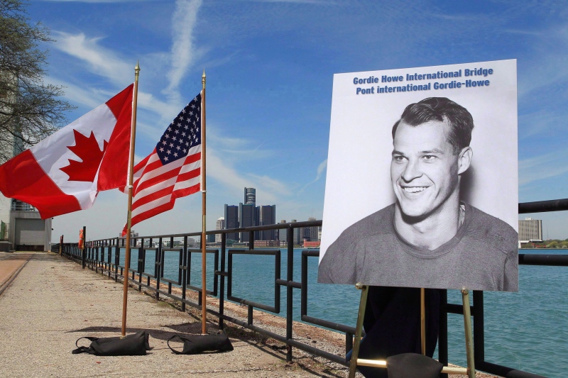 A photo of hockey great Gordie Howe was unveiled at the announcement that the Detroit River International Crossing will be named the Gordie Howe International Bridge, on the waterfront, in Windsor, Ont., Thursday May 14, 2015. THE CANADIAN PRESS/Dave Chidley