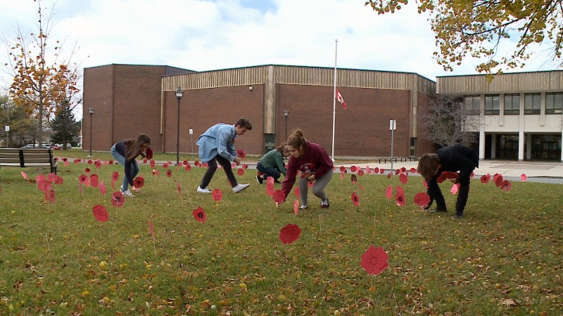 Students planting 'poppies' at Sir Robert Borden.