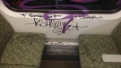 The interior of a GO train car tagged with graffiti is shown in an undated file image. (Metrolinx)