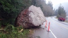 Crews are breaking apart a massive boulder that came crashing down on a stretch of highway near Port Alberni over the weekend. Mon., Nov. 14, 2016. (Courtesy Chris Hillsden)