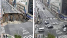 This combination of two photos show a Nov. 8, 2016 file photo, left, of a sinkhole on a road, and the road after restoration, in Fukuoka, southern Japan Tuesday, Nov. 15, 2016. The road reopened Tuesday after the massive sinkhole was filled with soil. (Kyodo News via AP)