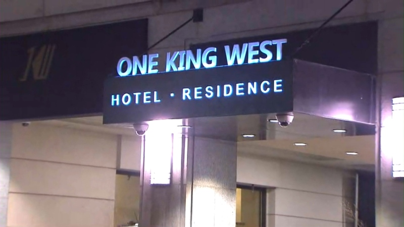 The sign at One King West, at the corner of King and Yonge streets, is seen following an accident that left one male dead on Tuesday, Nov. 15, 2016. 