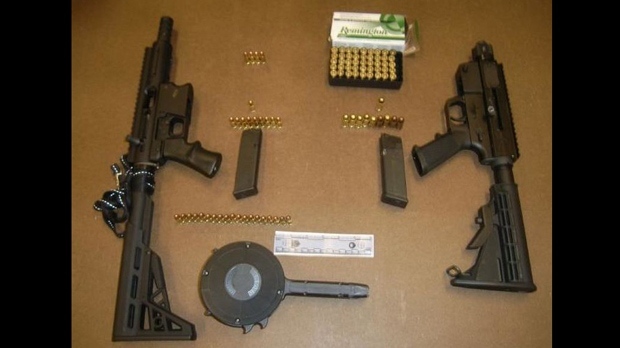 Toronto police released this image of the weapons, magazines and assorted ammunition seized from a home in L'Amoreaux on Nov. 15, 2016.