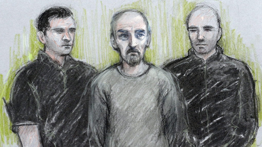 Courtroom sketch of Thomas Mair, centre