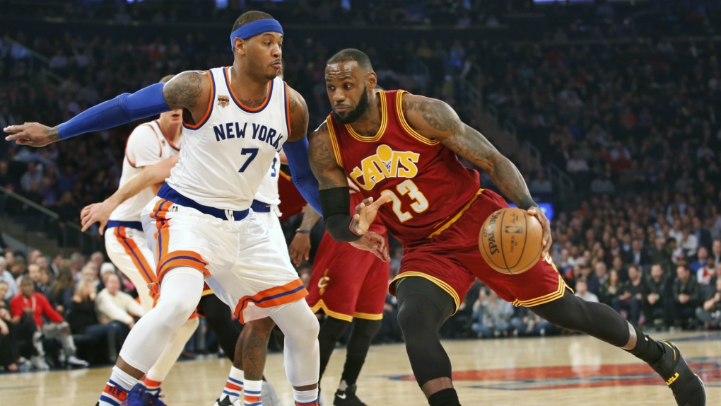 LeBron James drives against the Knicks