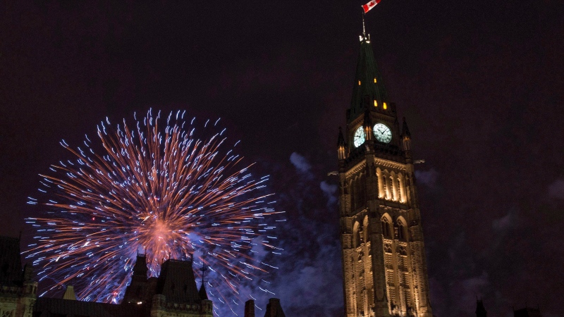 Fireworks explode behind the Peace Tower on Parliament Hill during Canada Day celebrations, in Ottawa on Wed., July 1, 2015. (THE CANADIAN PRESS/Justin Tang)