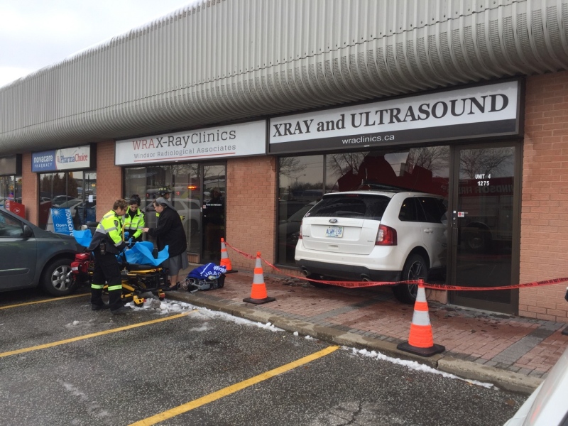 Two people were sent to hospital after a car drove into the waiting room of an x-ray clinic at 1275 Walker Road in Windsor, Ont., on Monday, Dec. 12, 2016. (John Lewis / CTV Windsor)