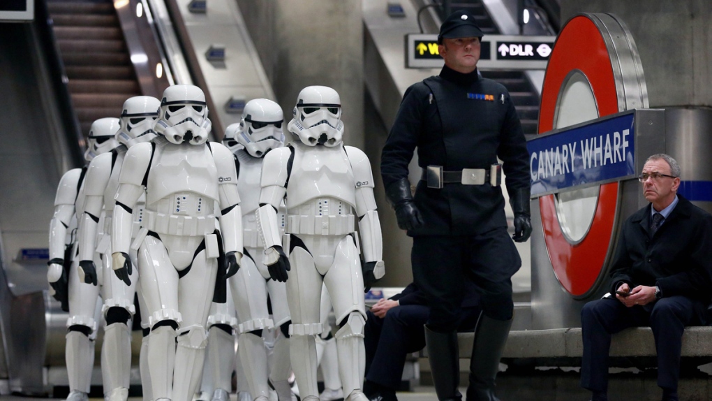 Star Wars enthusiasts in the London subway