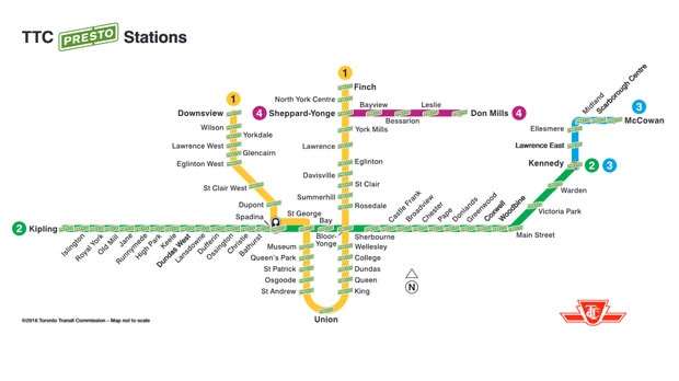 This map released by the TTC shows that all subway stations are now equipped with PRESTO machines. 