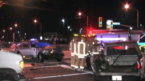 Two vehicles involved in a collision at Dufferin Street and Steeles Avenue are shown.