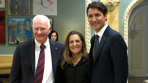 Gov. General David Johnston, Prime Minister Justin Trudeau and Minister of Foreign Affairs Chrystia Freeland at Rideau Hall in Ottawa on Jan. 10, 2017.