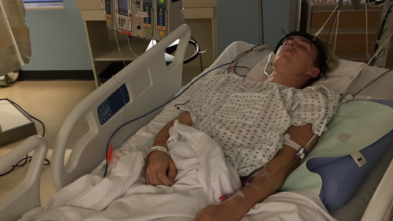 Landon Smith, 18, in hospital after an incident at a Sherwood Park trampoline park over the weekend. Supplied.