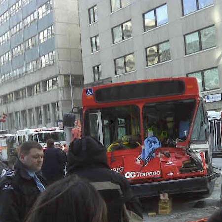 The front of an OC Transpo bus was heavily damaged after colliding with a truck on Kent Street in downtown Ottawa, Monday, March 2, 2009. Credit: Viewer Anne-Genevi�ve Argibay