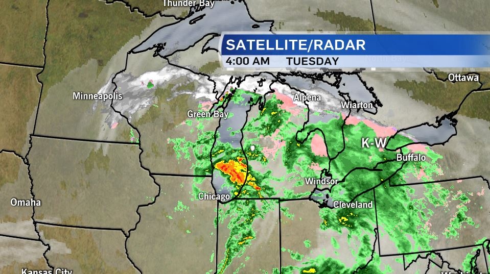 Radar image of system moving across Ontario