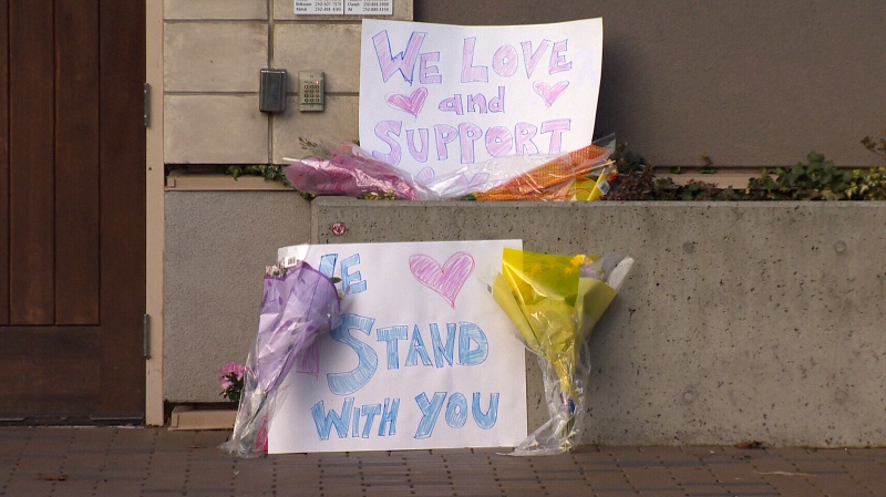 Flowers and several hand-made signs were placed outside Masjid Al-Iman mosque in Victoria in the wake of a deadly shooting at a mosque in Quebec. Monday, Jan. 30, 2017. (CTV Vancouver Island)