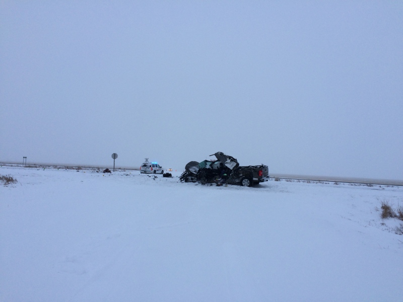 RCMP attend to a serious collision on Highway 39 near Moose Jaw on Sunday, Feb. 5, 2017. (TAYLOR RATTRAY/CTV REGINA)