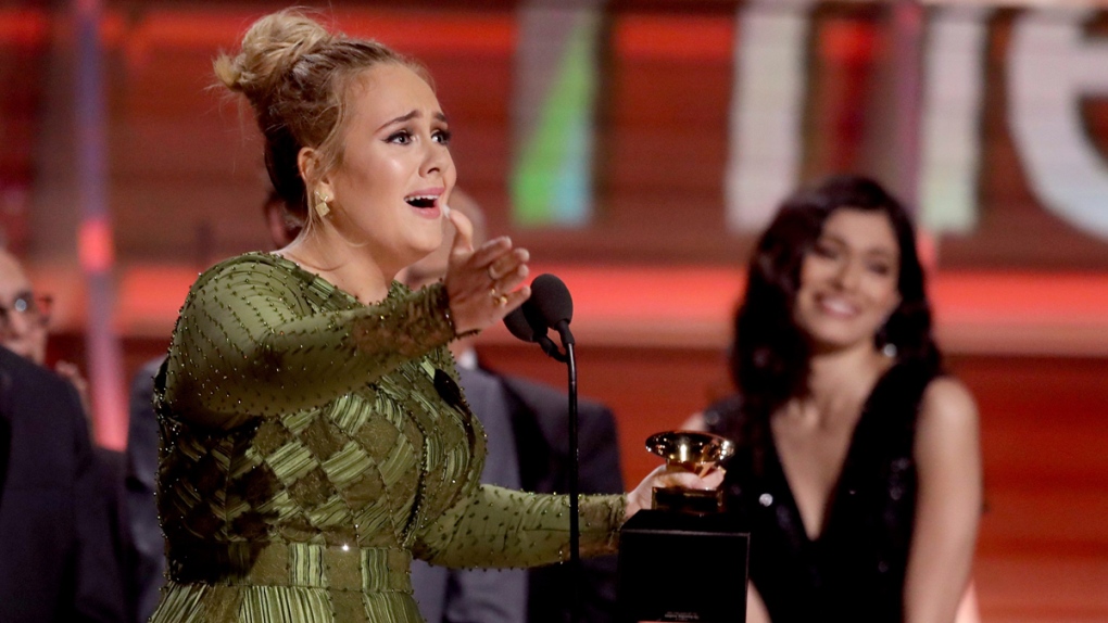 Adele at the 59th annual Grammy Awards