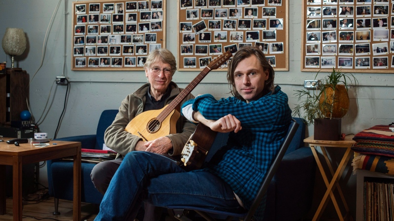 Musicians Joel Plaskett, right, and his father Bill pose in Plaskett's recording studio The New Scotland Yard in Halifax on Tuesday, January 17, 2017. (THE CANADIAN PRESS/Darren Calabrese)