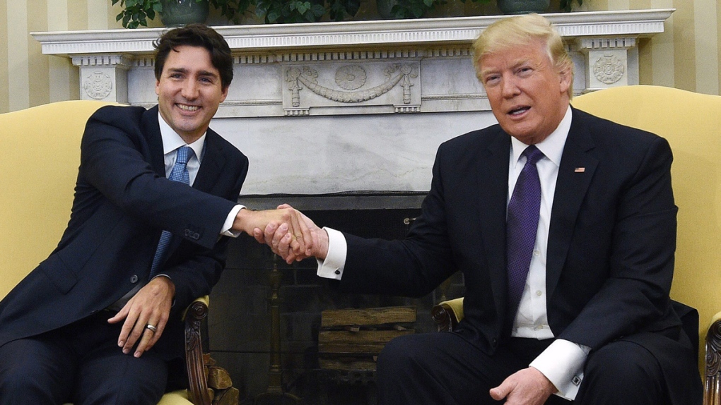Trudeau and Trump shake hands at the White House