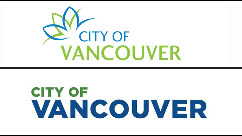 The previous (top) and new (bottom) City of Vancouver logos are shown. 