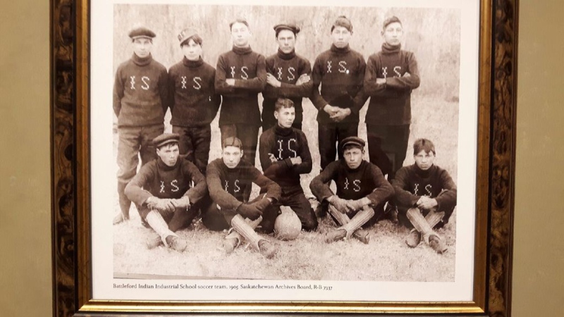 A photo showing a boys’ soccer team from Battleford Industrial School is seen here on display at the Western Development Museum. The photo was removed after a complaint from Tammy Robert, a Saskatoon mother. (Tammy Robert)